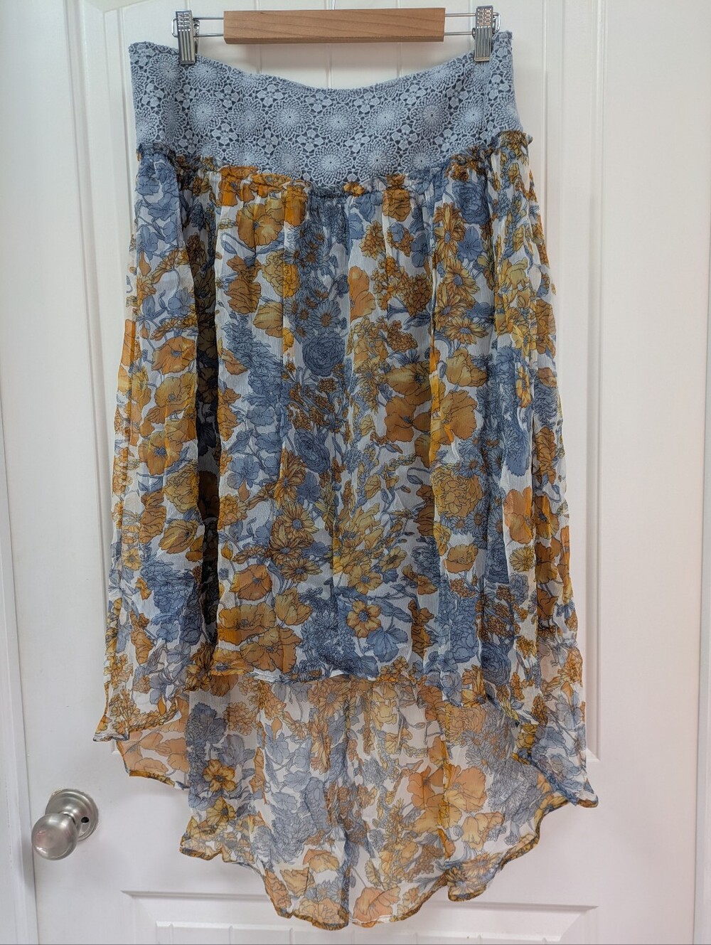Blue Tassel Silk Chiffon Floral Midi Skirt in Mustard and Blue- Anthropologie